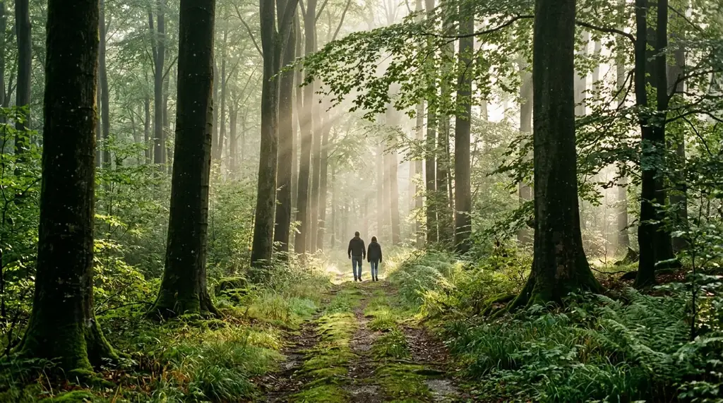 Waldpfad im Bergischen Land mit zwei Menschen in der Ferne